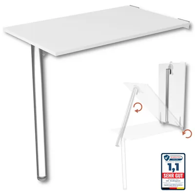 Produktbild von Wandklapptisch mit Tischbein Schreibtisch Tischplatte 80x50 cm in Weiß Klapptisch Esstisch Küchentisch für die Wand stabiler Bartisch Wandtisch