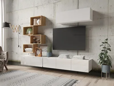 Produktbild von Wohnwand CALABRINI-29 Wohnzimmer-Set Hängewohnwand Schrankwand Schrank TV-Schrank Moderne Anbauwand Hochglanz (Weiß / Goldene Eiche)