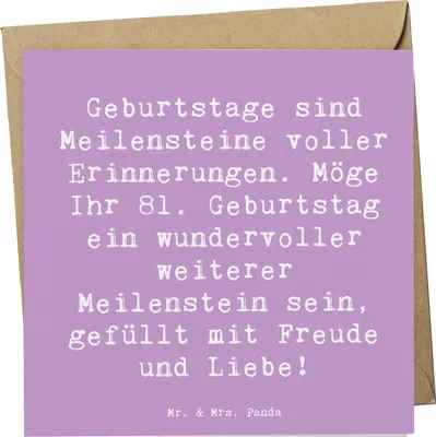 Produktbild von Mr. & Mrs. Panda doppelkarte Spruch 81. Geburtstag Meilenstein - Lavendeltraum - Geschenk, Happy Birthday, Erinnerungen, handgefertigt, Grußkarte, anlasskarte, Klappkarte