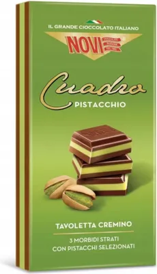 A green box of Novi Cuadro Pistachio chocolate.