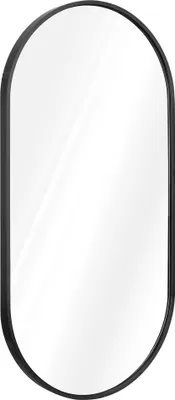 A studio shot of an oval mirror with a black frame against a white background.