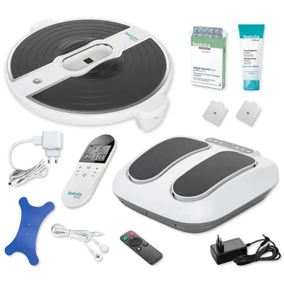 Produktbild von Genius Feelvita Acticur Set 15-tlg. EMS Stimulator Bein und Fuß, TENS-Pads inkl. Fußmassagegerät, Blutdruckmessgerät & Gelenk SuperFit Dual Tabletten