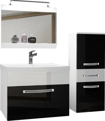Produktbild von BELINI Badmöbel Vollausstattung Set Waschbeckenschrank, kleiner Schrank, Waschbecken, Spiegel, Lampe (Schwarz/ Weiss, Glänzend)