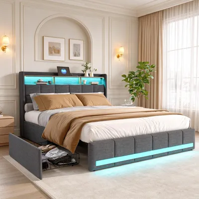 Produktbild von INONEFT Polsterbett 180x200cm mit USB-Ladefunktion, Jugendbett Doppelbett mit 4 Schubladen, Stauraumbett mit Lattenrost und LED, Leinen, Grau