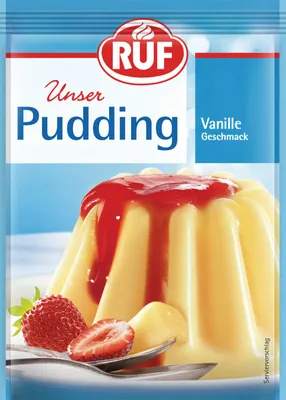 A package of RUF Vanilla Pudding with an image of prepared pudding topped with strawberry sauce and fresh strawberries.