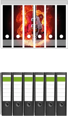 Produktbild von Wallario 6 Stück breite Ordner inkl. Klebeetiketten mit Motive Brennende Gitarre -  Set mit Rückenschildern / Ordnerrücken Stickern