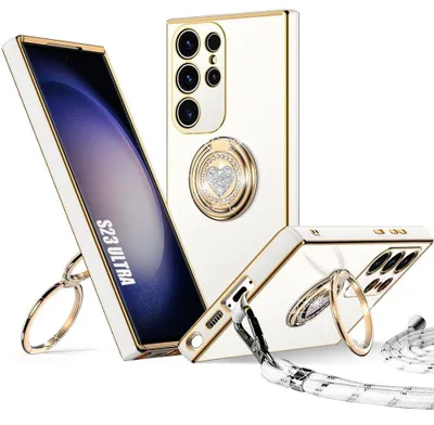 Image de Coque pour Samsung Galaxy S23 Ultra, Silicone Souple Anti-Rayures avec Cordon et Anneau Rotatif Brillant - Blanc