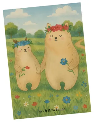 Produktbild von Mr. & Mrs. Panda Postkarte Bären mit Blumenkranz Design - Weiß - Geschenk, Muttertag, Kinder, Fotokarte, bildkarte, Postkarten, Family, Mutter, Ansichtskarte, Familie