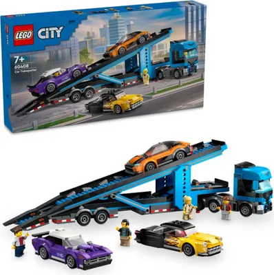 Produktbild von LEGO City Autotransporter mit Sportwagen, Set mit 4 Spielzeugautos für Jungen und Mädchen ab 7 Jahren, Weihnachts- oder Geburtstagsgeschenk, 4 Minifiguren für Rollenspiele 60408