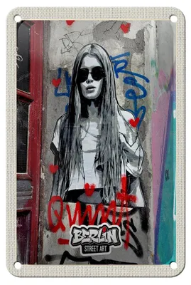 Produktbild von Blechschild Reise 12x18cm Berlin schwarz weiß Graffiti Frau Schild