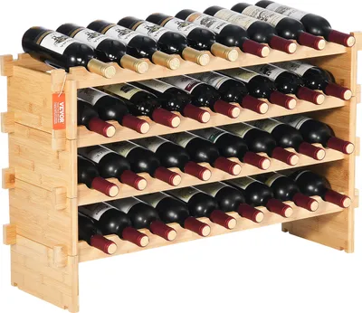 A wooden wine rack filled with wine bottles.