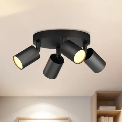 Obrázok produktu pre LVWIT LED stropné svietidlo, 4 žiarovky, okrúhle, pätica GU10, otočné, čierna, stropné svietidlo, reflektor, otočný, moderný dizajn, 4-bodové osvetlenie vhodné do obývačky, spálne alebo kuchyne (bez žiaroviek)