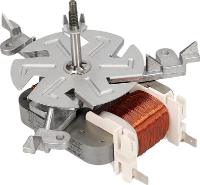 A close-up studio shot of a fan motor with copper windings and metal mounting brackets.