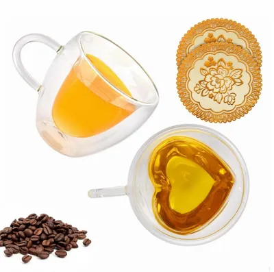 Image de Verre à macchiato double paroi, lot de 2, 240 ml, forme de cœur avec anse, pour café et thé