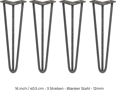 Produktbild von SKISKI LEGS 4 x 3 Streben Hairpin Haarnadelbeine Haar-Nadel-Beine Haarnadel-Beine Tischbeine Stuhlbeine Möbelbeine Haarnadel-Tischbeine 40.5cm H 12mm D Rohstahl