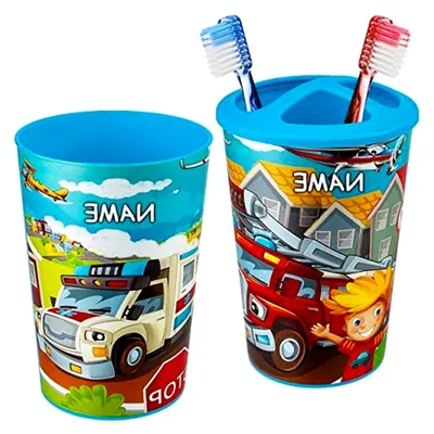 Produktbild von Badezimmerset: Zahnbürstenhalter + Kinderzahnputzbecher - Auto - Fahrzeuge & Feuerwehr - inkl. Name - Zahnputzset - Zahnbürstenbecher - für Zahnbürste - Beche..