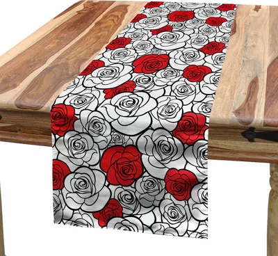 Produktbild von ABAKUHAUS Romantisch Tischläufer, Schöner Künstlerischer Rosen Einfachheit Liebe blüht Valentinstag Druck, 40 x 180 cm, Vermilion Schwarz Weiß