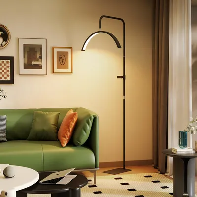 Image de Lampe à pince pour maquillage en forme de croissant, avec support pour téléphone, lumière annulaire Ra95, noire. Inclinable à 350°, 4150 lumens, hauteur réglable de 77,5 à 186 cm