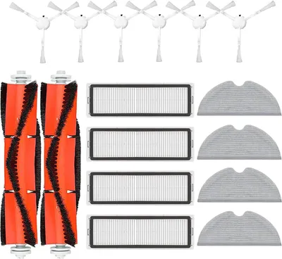 A collection of cleaning accessories for a robot vacuum cleaner, including brushes, filters, and mop cloths, laid out on a white background.
