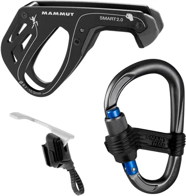 A set of climbing gear, including a belay device and a carabiner, displayed against a white background.
