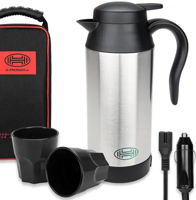 Produktbild von HEYNER® Reisewasserkocher 12V Auto elektr. Wasserkocher Reise Edelstahl Elektrisch Warmhaltefunktion ml Heizbecher I Auslaufsicher Tragbar I inkl. Tasche + 2 Becher