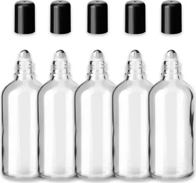 Produktbild von 5x Klare Glasflasche Roll-On 100 ml mit schwarzem Schraubverschluss