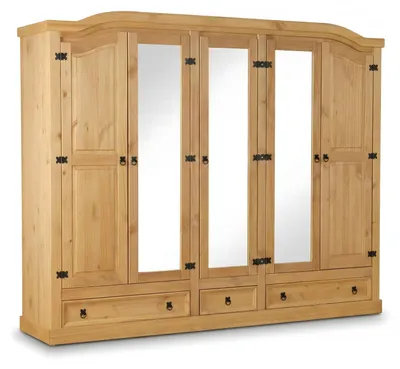 Image de New Mexico Armoire 5 portes avec 3 portes miroirs, 2 portes lambrissées et 3 tiroirs, délavés, cirés.