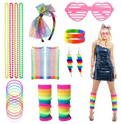 Imagen del producto de TRANKIELO® - Accesorios para mujer de los años 80 y 90 - Conjunto de neón con temática retro - Conjunto para fiestas y eventos