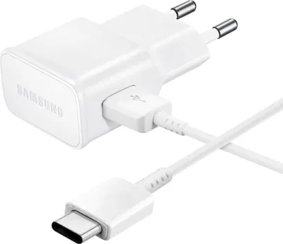 A white Samsung wall charger with a USB-C cable.
