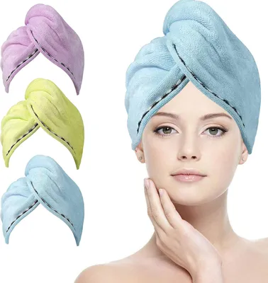 Produktbild von Haar Turban Handtuch 3-Pack, Mikrofaser, 6 Haarbänder, Super Absorbierend, Schnelltrocknend, für Frauen