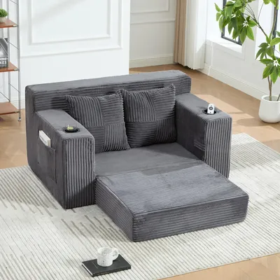 Imagen del producto de STILVORA: Sofá cama con 2 cojines y portavasos, sofá de doble asiento tapizado en tejido de cachemira con espacio de almacenamiento lateral, y un otomán decorativo