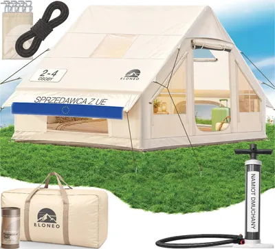 Zdjęcie produktu dla Namiot powietrzny ELONEO – namiot glampingowy, nadmuchiwany namiot kempingowy, namiot rodzinny bez stelaża, namiot outdoorowy i festiwalowy, dla 2–4 osób, beżowy