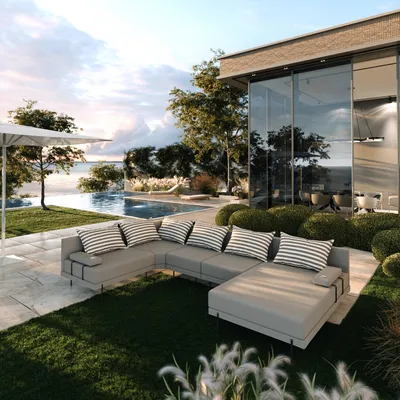 Produktbild von TRADA Gartenecksofa Bahama XL Streifen Grau Links 370x175 cm Gartenmöbel set Wasserabweisend Stoff