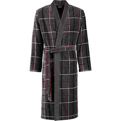 Image de Unyqoos® Cawö - Peignoir de bain pour hommes, modèle kimono, motif à carreaux anthracite, 100% coton, taille 48, col kimono, 2 poches, ceinture