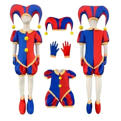 Produktbild von Pomni Clown Kostüm Uni Rot-Blau mit Hut und Handschuhen（180）
