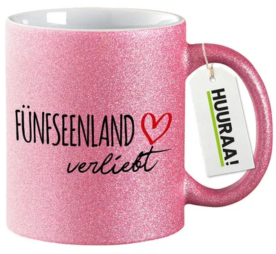 Produktbild von Huuraa Glitzertasse Fünfseenland verliebt 330ml Pink Keramik Kaffeebecher Geschenkidee