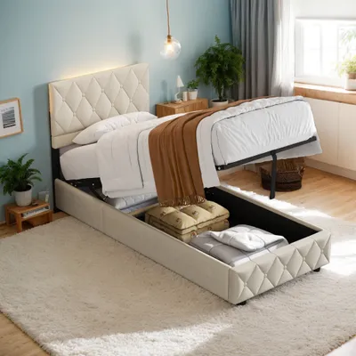 Produktbild von STILVORA Boxspringbett Polsterbett 90 x 200 cm Stauraumbett Bettgestell Jugendbett mit Bettkأ¤sten & Kopfteil & Lattenrost,Beige, mit Matratze