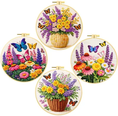 Productafbeelding van Stickset met bloemen en vlinders, 4-delig, doe-het-zelf borduurset voor beginners