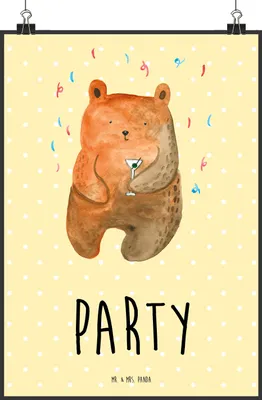Produktbild von Mr. & Mrs. Panda Bild Bär Party DIN A2 - Gelb Pastell - Geschenk, Lustig, Teddy, Geburtstagsgeschenk, Plakat, drucke, wanddeko, Wandbild, Deko, Feiern, Geburtstag