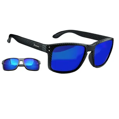 Produktbild von Hochwertige Herren Sonnenbrille Rechteckig Carbon Polyamid Optik UV400 Gläser Blau Verspiegelt mit 3in2 Edelstahl Gelenke