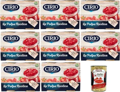 Produktbild von Cirio polpa di pomodoro italiano Rustica, polpa piu, Tomatenpulpe Tomaten sauce 100% Italienisch, ideal für Pizza, 24x 400g + Italian Gourmet polpa 400g