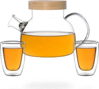 Produktbild von Kira Teeset / Teeservice / Teekanne Glas 900ml mit Tüllensieb, Bambusdeckel und 2 Teecups je 100ml