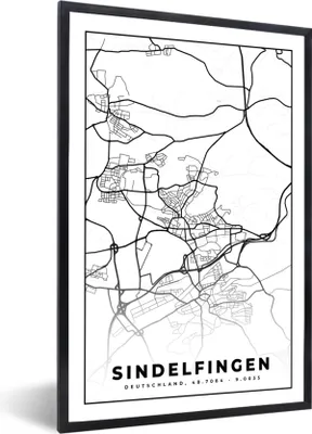 Produktbild von MuchoWow® Gerahmtes Poster Karte - Sindelfingen - Karte - Stadtplan 60x90 cm - Poster mit Schwarzem Bilderrahmen Wandposter Rahmen Foto Bilder - Kunst
