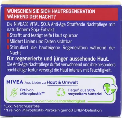 Produktbild von NIVEA VITAL Soja Anti-Age Straffende Nachtpflege 50 ml – Regenerierende Feuchtigkeitscreme für reife Haut mit Soja-Extrakt