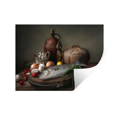 Produktbild von MuchoWow® Wandtattoo Wandsticker Wandaufkleber Rustikal - Fisch - Stilleben - Gemüse - Kräuter 120x90 cm Selbstklebend und Repositionierbar - Aufkleber