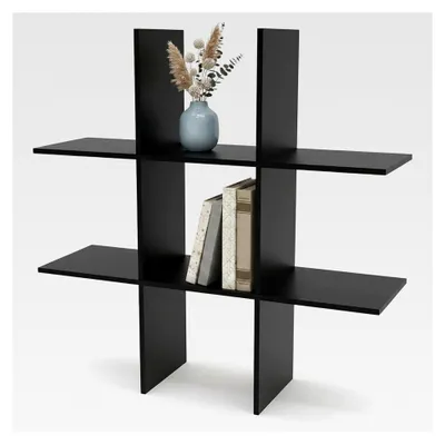 Produktbild von Schwebendes Holzregal 55 x 55 cm mit 6 Fächern - schwarz - Regal im Würfel-Design mit Melamin-Furnier - Hängeregal für Wandmontage