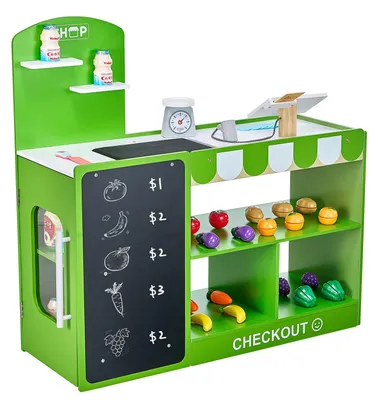 Produktbild von VEVOR Holzpuppentheater mit Vorhängen, 2-in-1 Wendespielgeschäft, doppelseitiges Spielset Lebensmittelgeschäft mit Tafel & Kasse, Kinder Rollenspiel Marktstand, Geschenk für Jungen & Mädchen, Einzelner Schrank