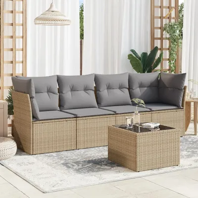 Produktbild von Design 5-tlg. Garten-Sofagarnitur mit Kissen Beige Poly Rattan, Gartenmöbel-Sets 2024 Neu