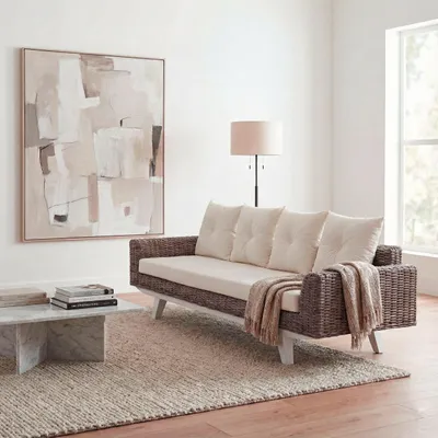 Produktbild von Sofa MCW-M32, 4-Sitzer Couch Rattansofa Loungesofa mit Kissen, 209cm Kubu Rattan natur Stoff/Textil Polster creme