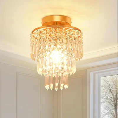 Produktbild von Goldene Edelstahl Kristall Kronleuchter Deckenlampe, E14 Lampenfassung, Ø20x28cm Chrom-Stil Deckenleuchte, für Schlafzimmer, Flur, Esszimmer